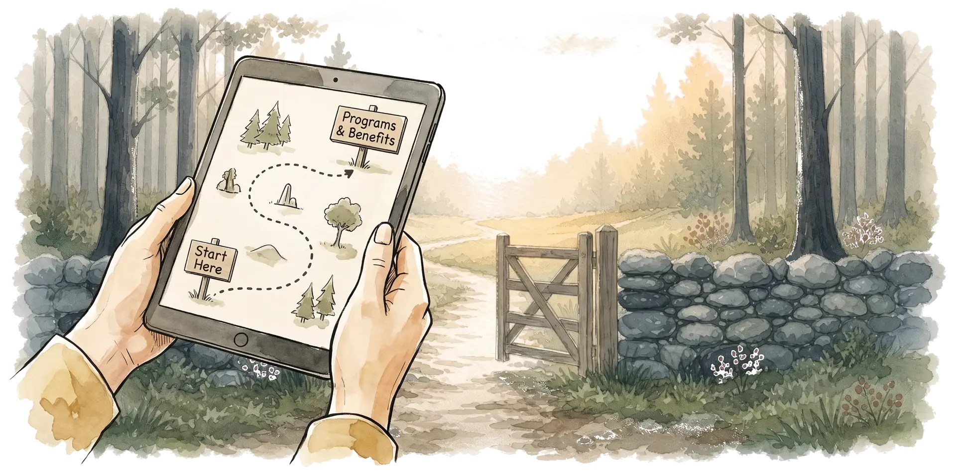 A watercolor forest path through a wooden gate, with hands holding a tablet that shows a map from Start Here to Programs & Benefits